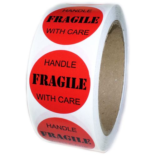 Glossy  Red &#034;FRAGILE Handle with Care&#034; Labels Stickers - 1.5&#034; diameter - 500 ct