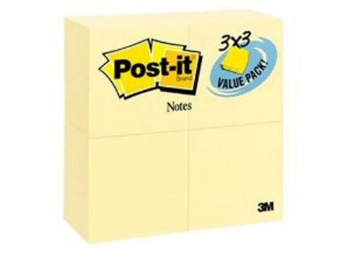 Post-it® Notes, Original Pad, 3&#034; x 3&#034;, Canary Yellow, 4 Pads Per Pack