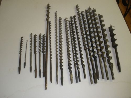 LOT OF 21 VINTAGE AUGER BITS OF VARIOUS SIZES AND MAKERS - LARGEST IS 20&#034;