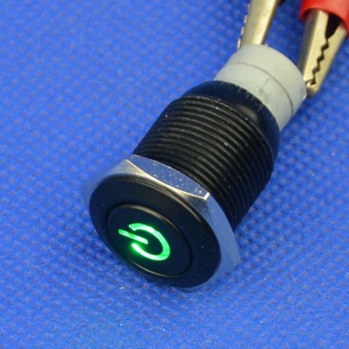 16mm Green Power Logo LED Momentary black push button switch 12V Computer Reset