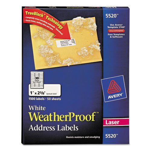 NEW  5 boxes x1500 Avery 5520 White WeatherProof Address Labels 1&#034; x 2 5/8&#034; 7500