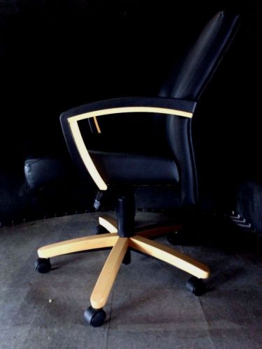 Set of 2 Office Chairs - Light Wood w/ Black Leather Seat
