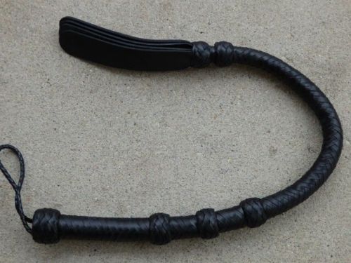 BLACK Leather Flogger BULL WHIP with 4 Knobs and QUAD 4 Slapper End - TRAINER