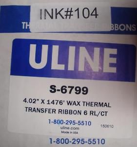 ULINE 1 CASE 4.02&#034; x 1,476&#039; Wax Thermal Transfer Ribbons S-6799 6 ROLLS/CASE