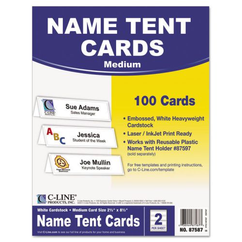 C-Line Embossed Tent Cards, White, 8.5 X 2 1/2, 2 Card/sheet, 50 Sheets/box