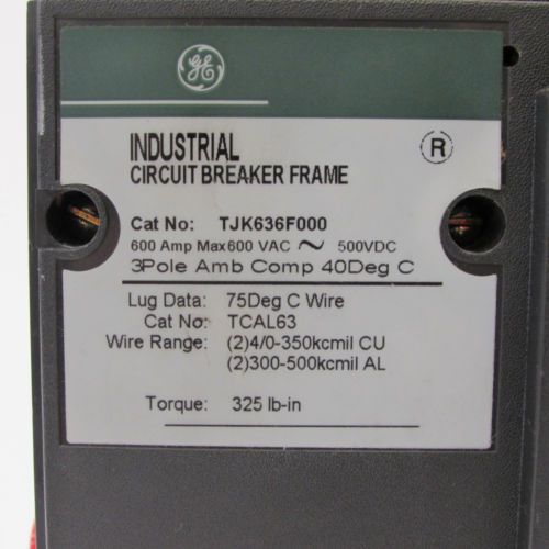 Ge general electrictjk636f000 600a 3p 600v circuit breaker frame w/ aux. switch for sale