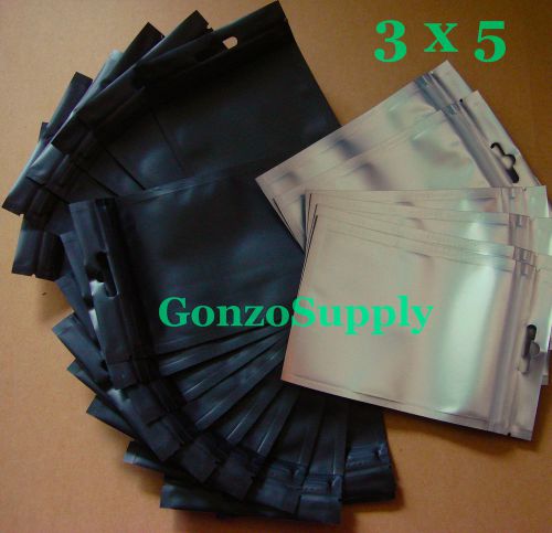 500PC 3x5&#034; Metallic Black/Clear Foil Ziplock Mylar Bags-Resealable NEW Food Safe