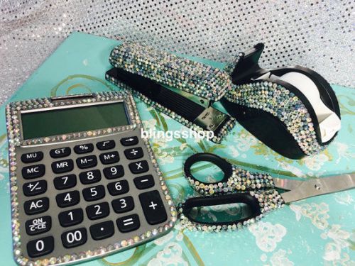 Sparkly Bling AB Rhinestones Office Desk Set- Calculator Bling Scissor Stapler