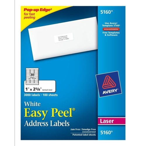 Avery Laser Address Labels 5160 5260 Easy Peel White 1&#034; x 2-5/8&#034; 3000