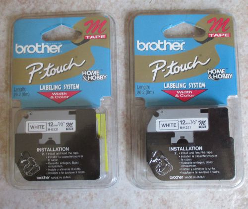 2 Brother P-touch M-K231 M tape white 12mm 1/2 inch NEW in sealed pkgs L 26.2 ft