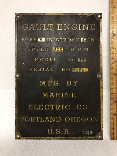 Brass Gault Engine Nameplate Sign Vintage Antique Hit Miss Marine Electric Co.