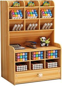 Upgraded Wooden Pencil Holder, Pen Organizer for Desk (15 Compartments + Drawer)