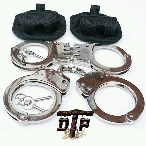(2 SETS OF) SILVER PLATED DOUBLE LOCKING CHAINED AND HINGED HANDCUFFS