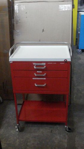 Harloff red 3 drawer cart with bottom shelf and guard rail with key lock for sale