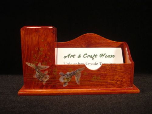 NEW Hand Carved Wood Art Mother Of Pearl inlaid FISH MATES Pen &amp; Card Holder