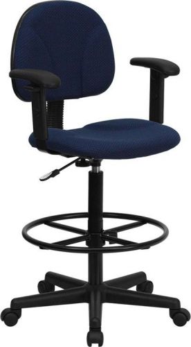 Navy blue patterned fabric ergonomic adjustable drafting stool with arms for sale