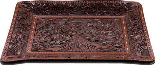 3D Valet Tray Leather Tooled Floral Medium Tan HD102
