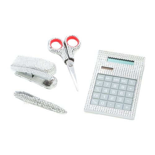 4 Piece Clear Crystal Desk Office Supply Set : Scissor, Calculator, Stapler, Pen