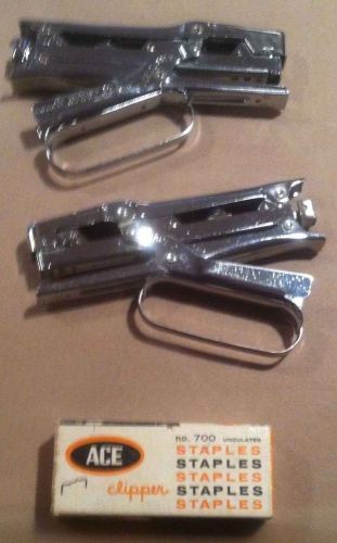 Two Vintage Ace Clipper Staplers, Model #702, Box of Ace Staples (Never Used)