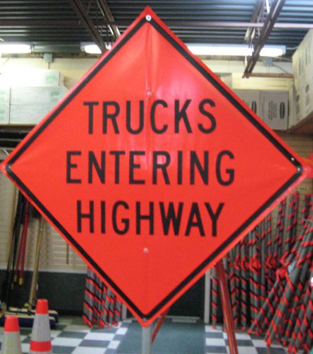 Trucks Entering Highway Sign Fluorescent Vinyl With Ribs 48&#034;x48&#034; Roll Up Sign