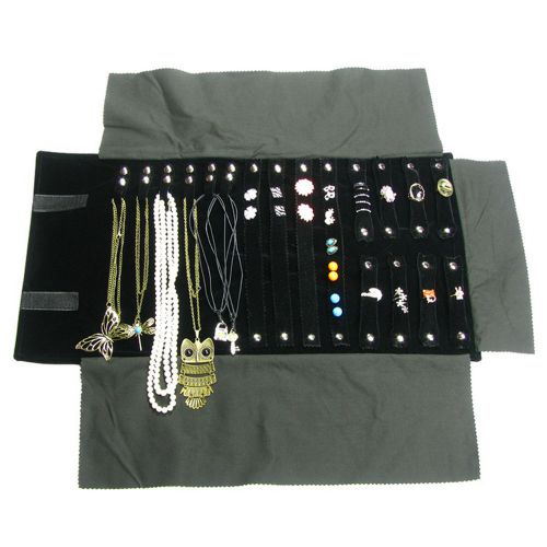 Black Velvet Jewelry Roll Combo Travel Display for Ring Earring Necklace Roll