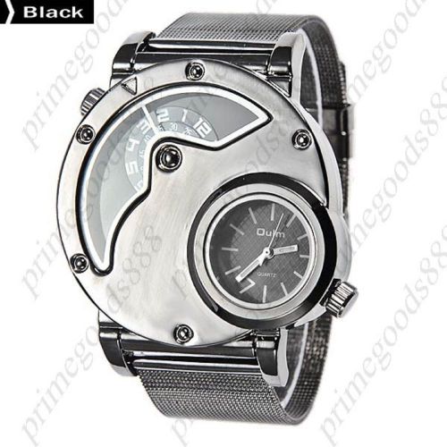 2 time zone zones stainless steel band analog quartz men&#039;s wristwatch black for sale