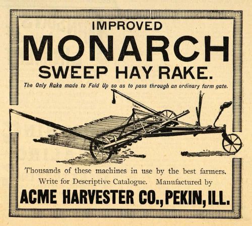 1893 Ad Acme Harvester Monarch Sweep Hay Rake Farming Equipment AAG1