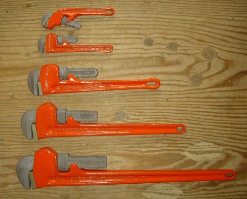 VINTAGE 1970s 5 RIDGID Cast Iron Pipe Wrench Set E8&#034; 8&#034; 14&#034; 18&#034; 24&#034; Powdercoated