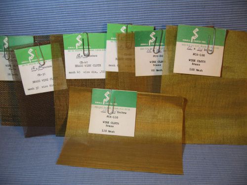 Set of eight brass mesh (wire cloth) samples from 120 to 20 mesh size, new for sale