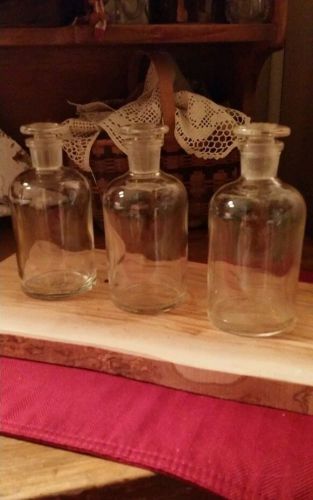 Antique Pyrex Ground Top Apothecary Jars Bottles Glass Stopper 40s 50s Set of 3