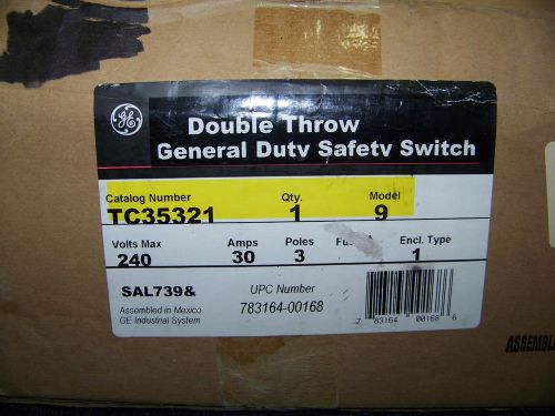 GE 3E Double Throw Safety Switch 30A, MOD. 9 240 VAC Indoor Type 1 3 Phase 35321