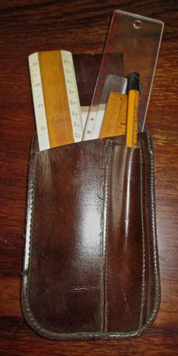 vintage leather pocket protector/belt hanger 3 vint. rulers, room for cell phone