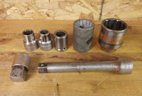 Lot of 7 williams 3/4&#034; &amp; 1&#034; drive sockets, 8&#034; extension, &amp; 3/4x1&#034; adaptor hnx130 for sale