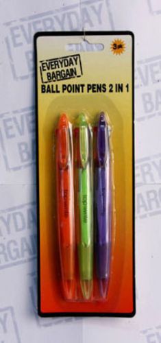 24 x ball point pens 2 in 1 fluorescent 3 pack school and office reduced to clea for sale