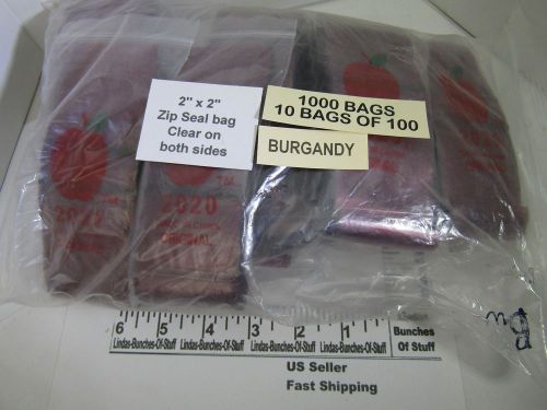 1000 BURGANDY 2&#034; X 2&#034; 2 MILL PLASTIC ZIP SEAL BAGS NEW! CLEAR ON BOTH SIDES