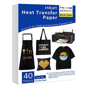 Iron-On Heat Transfer Paper for Dark Fabric, 40 Pack 8.3x11.7&#034; T-Shirt Transfer