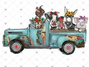 Farm Animals Teal Truck Sublimation Transfer, Ready to Press, Pig, Chicken, Cow
