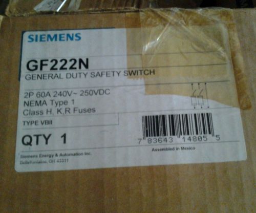Siemens 60 Amp Safety Switch GF222N 240 VAC  NIB ***