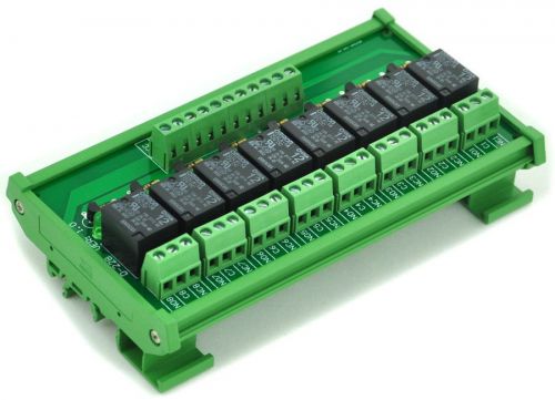 DIN Rail Mount 8 SPDT Power Relay Interface Module, OMRON 10A Relay, 12V Coil.