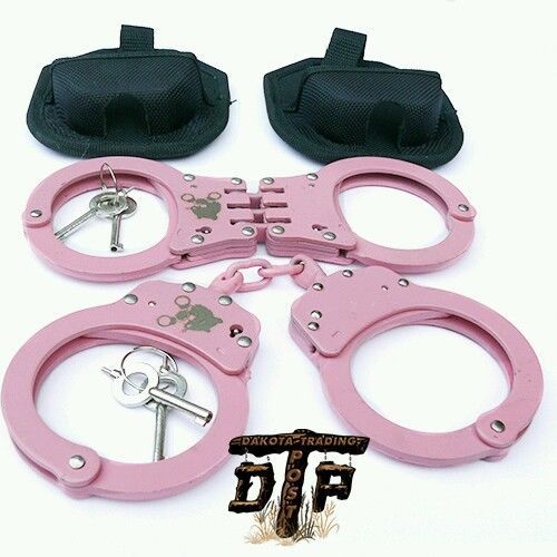 (2 SETS OF) PINK PLATED DOUBLE LOCKING CHAINED AND HINGED HANDCUFFS