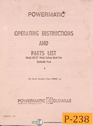Powermatic model 89-20&#034;, band saw, operations and parts manual 1971 for sale