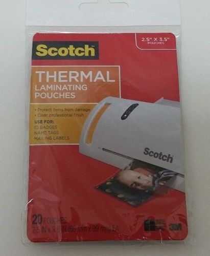 Scotch Thermal Laminating Pouches Pack of 20 for ID, Name Tags Etc 2.5&#034; x 3.5&#034;