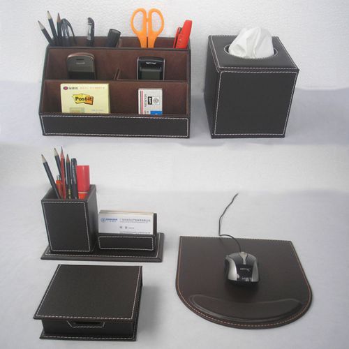 5pcs/set Brown Business wooden and leather desktop stationery organizer box sets