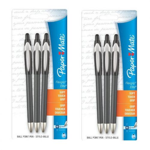6 Papermate Flexgrip Elite Ball Point Pens Medium Black