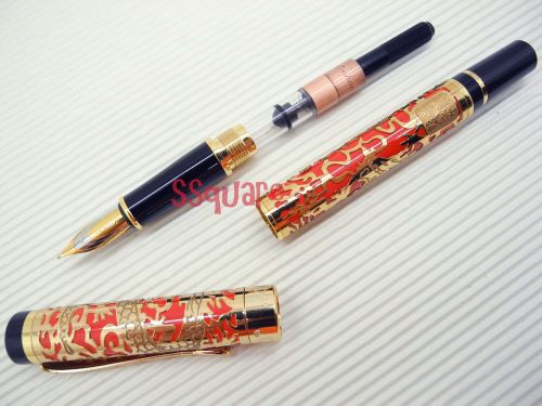 Jinhao 5000 Golden Dragon Medium Nib Fountain Pen + 5 Black Ink Cartridges, Red