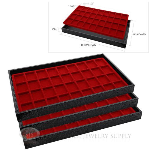 3 Wooden Sample Display Trays 3 Divided 36 Compartment  Red Tray Liner Inserts