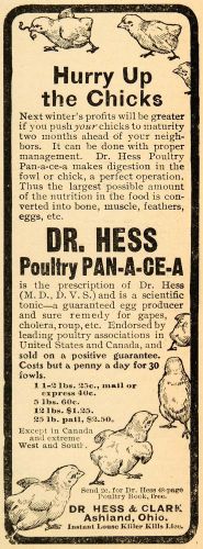 1907 ad dr hess &amp; clark poultry pan-a-ce-a tonic eggs - original advertising cg1 for sale