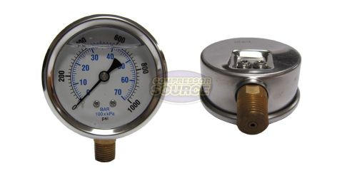 Liquid filled 2.5&#034; 1000 psi air pressure gauge lower / side mount 1/4&#034; npt for sale