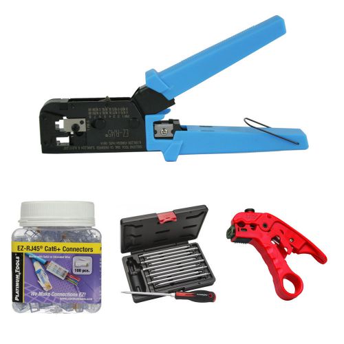 Platinum tools 100004c ez-rj45 crimper cat6+ series connectors, cutter, tool kit for sale