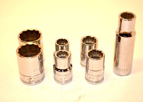 7 NOS SK USA 1/2&#034; Dr. 12 Pt. METRIC Sockets 2 12,15,23mm &amp; 1 13mm Deep K505 3A42
